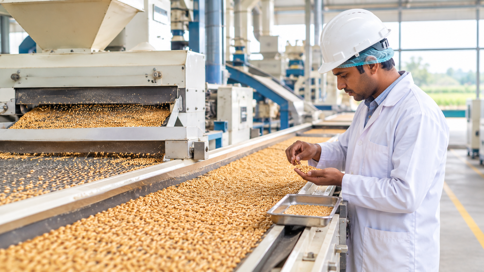 Wheat seed being cleaned and graded in a seed processing plant